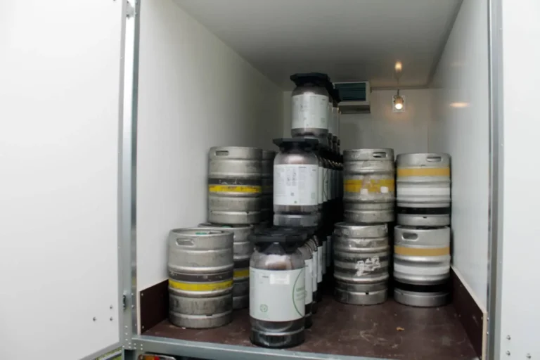 Kegs in the back of the chiller trailer.